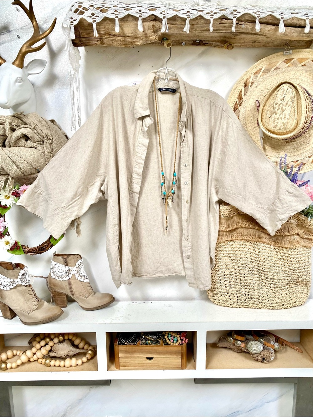 Linen ZARA boho blouse/cover up w resort vacay beach cottagecore vibe